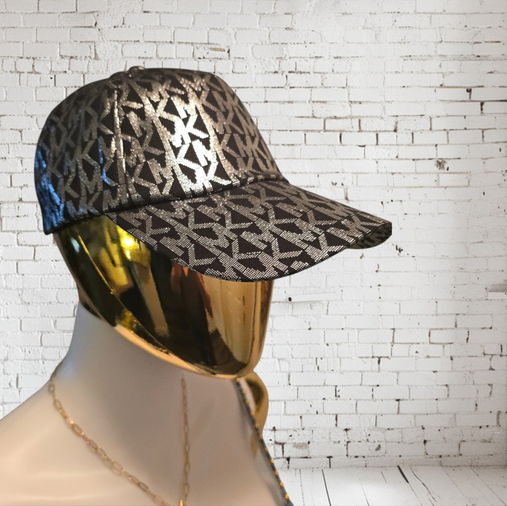 Michael Kors Black Silver Metallic MK Logo Baseball Hat Cap